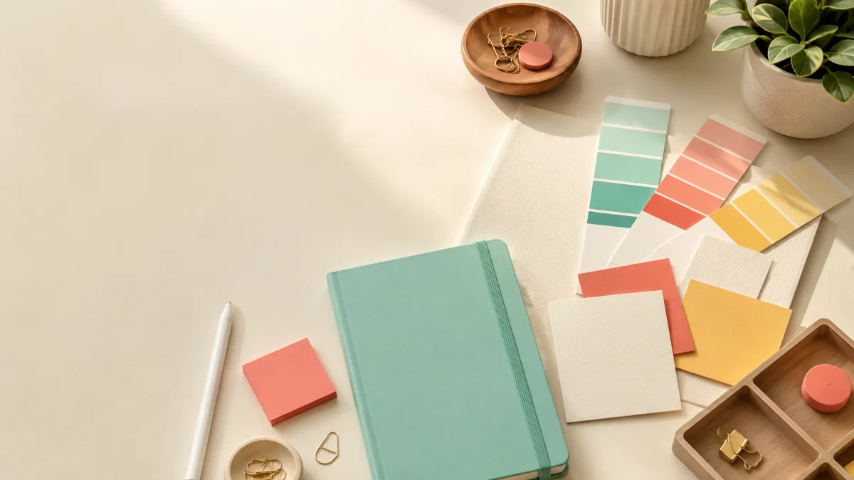 Warm design desk with a mint notebook, unlabeled swatches, blank paper samples, and coral and butter accents.