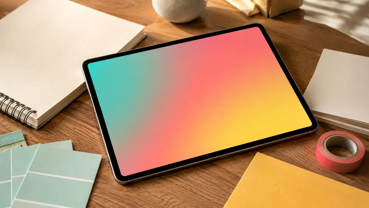 Tablet on a design desk showing a soft mint, coral, and butter background glow.