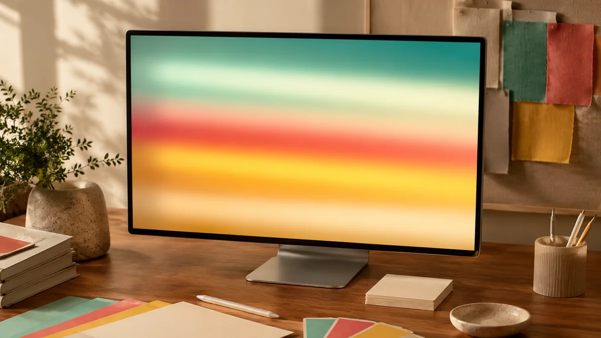 External monitor on a design desk with defocused color light bars and blank paper samples.