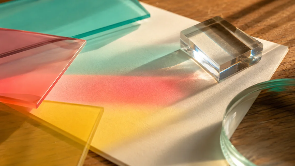 Translucent colored acrylic sheets casting real mint, coral, and butter gradients.
