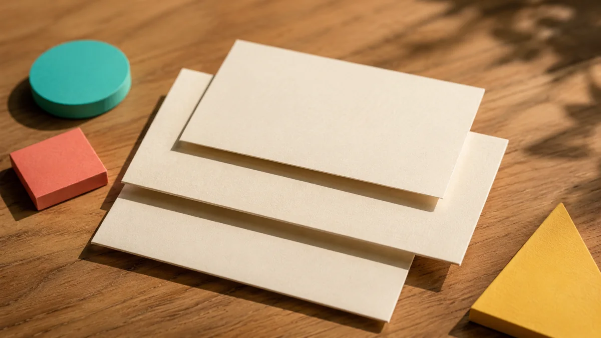 Layered blank paper cards casting soft shadows on a warm desk.