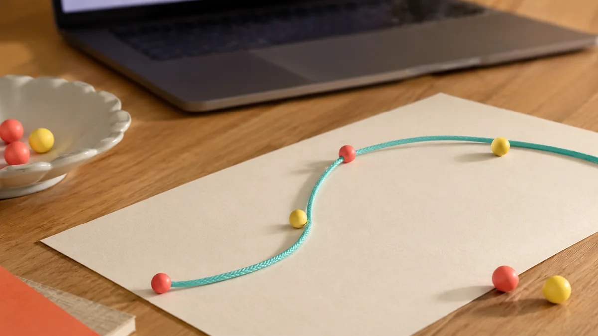 Teal cord curve and colored beads arranged on blank paper.