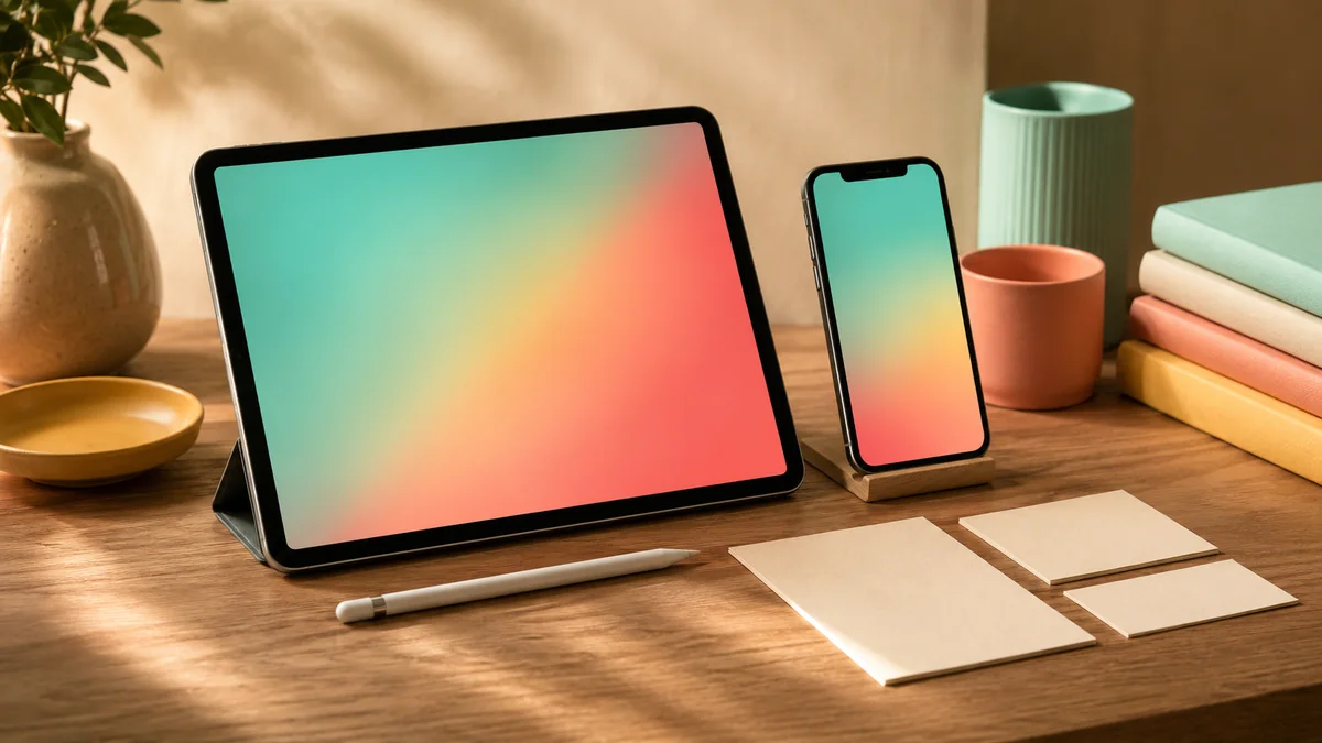 Tablet and phone mockup devices on a warm desk with abstract gradient screens.