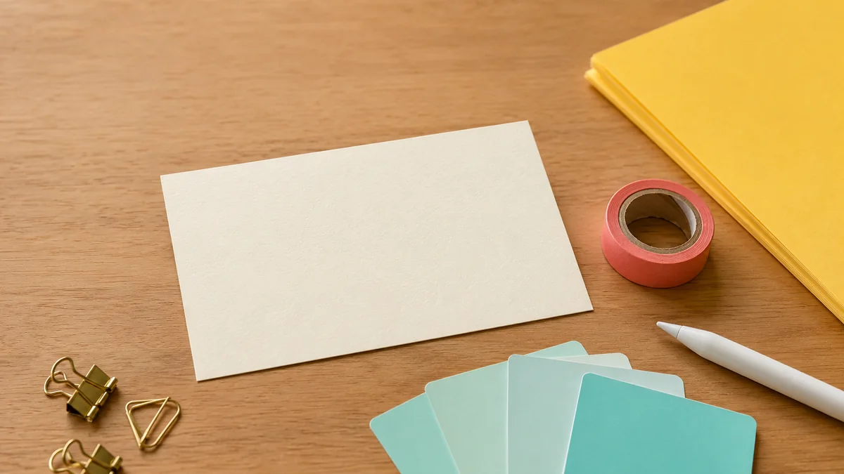 Horizontal design desk photo with blank card stock, swatches, stylus, and warm light.