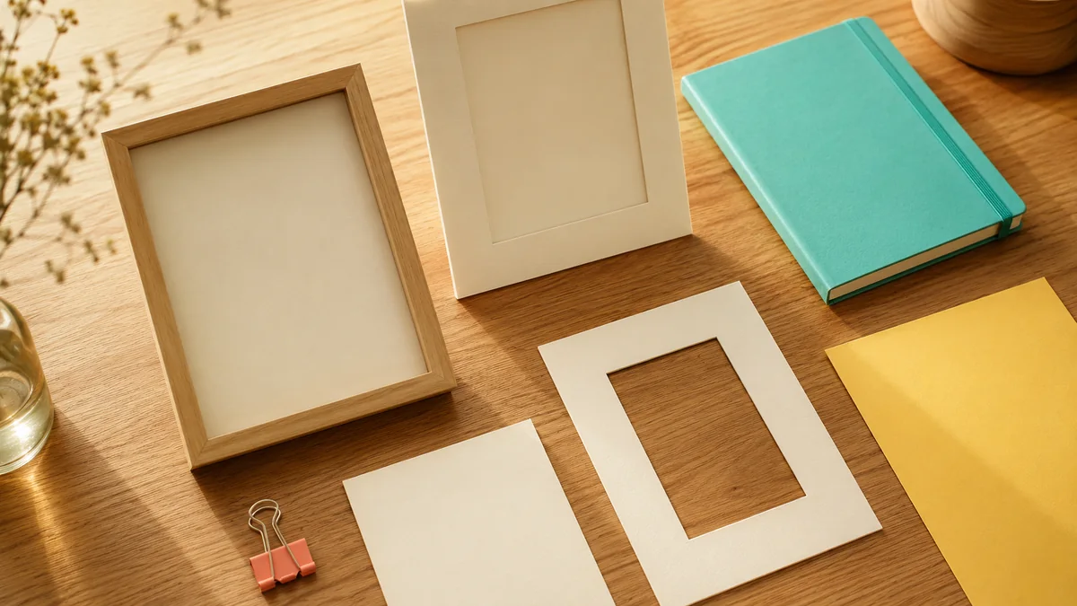 Blank picture frames and empty paper mats arranged on a warm desk.