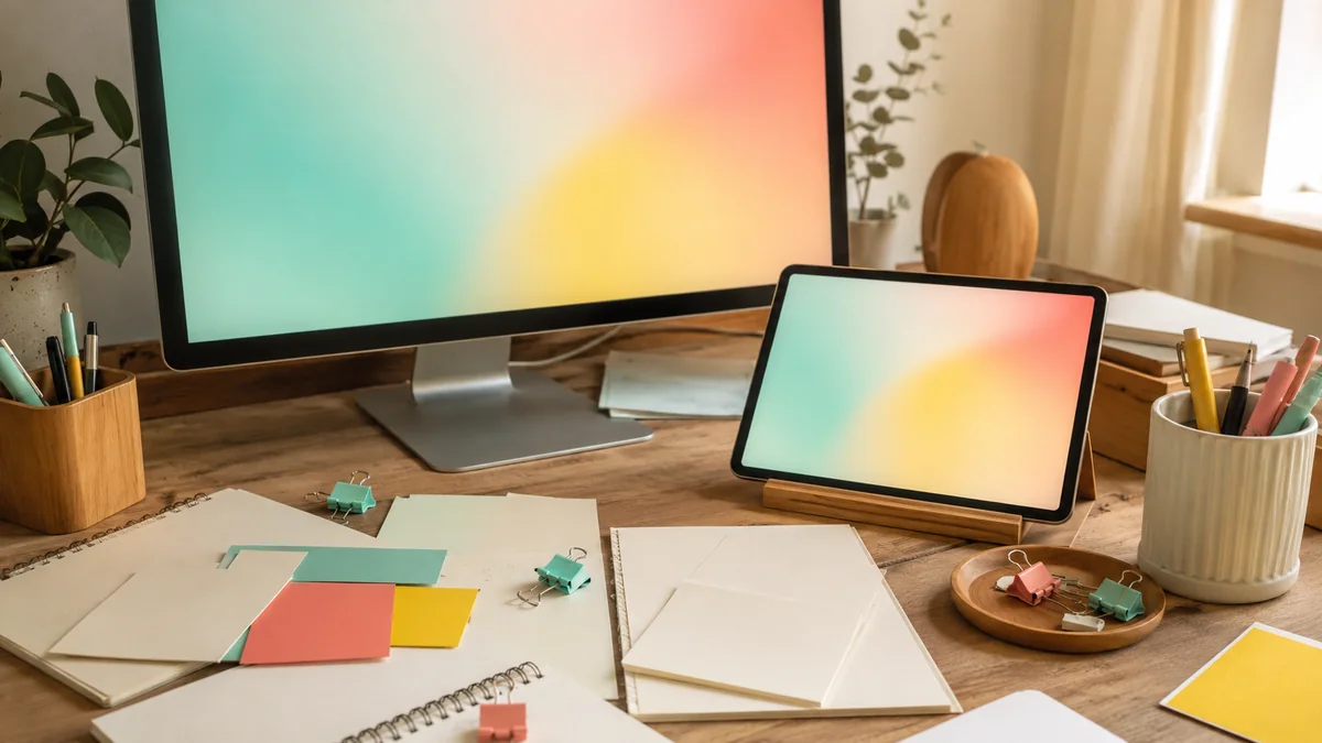 Monitor and tablet desk photo with soft abstract screens and blank design papers.