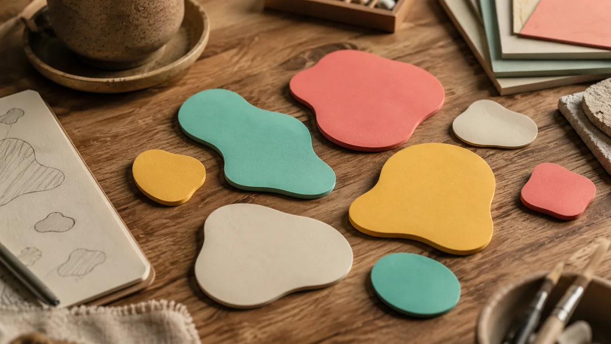 Organic mint, coral, butter, and cream paper shapes on a desk.