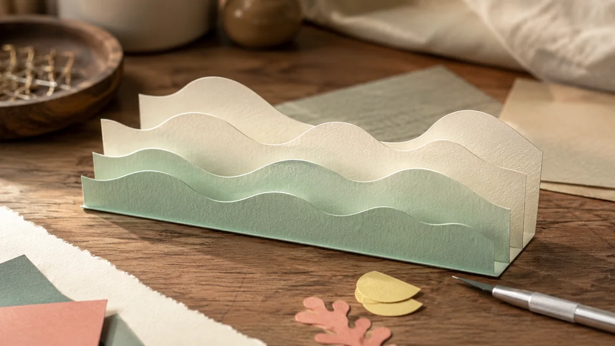 Layered wave-shaped paper cutouts on a warm wooden desk.